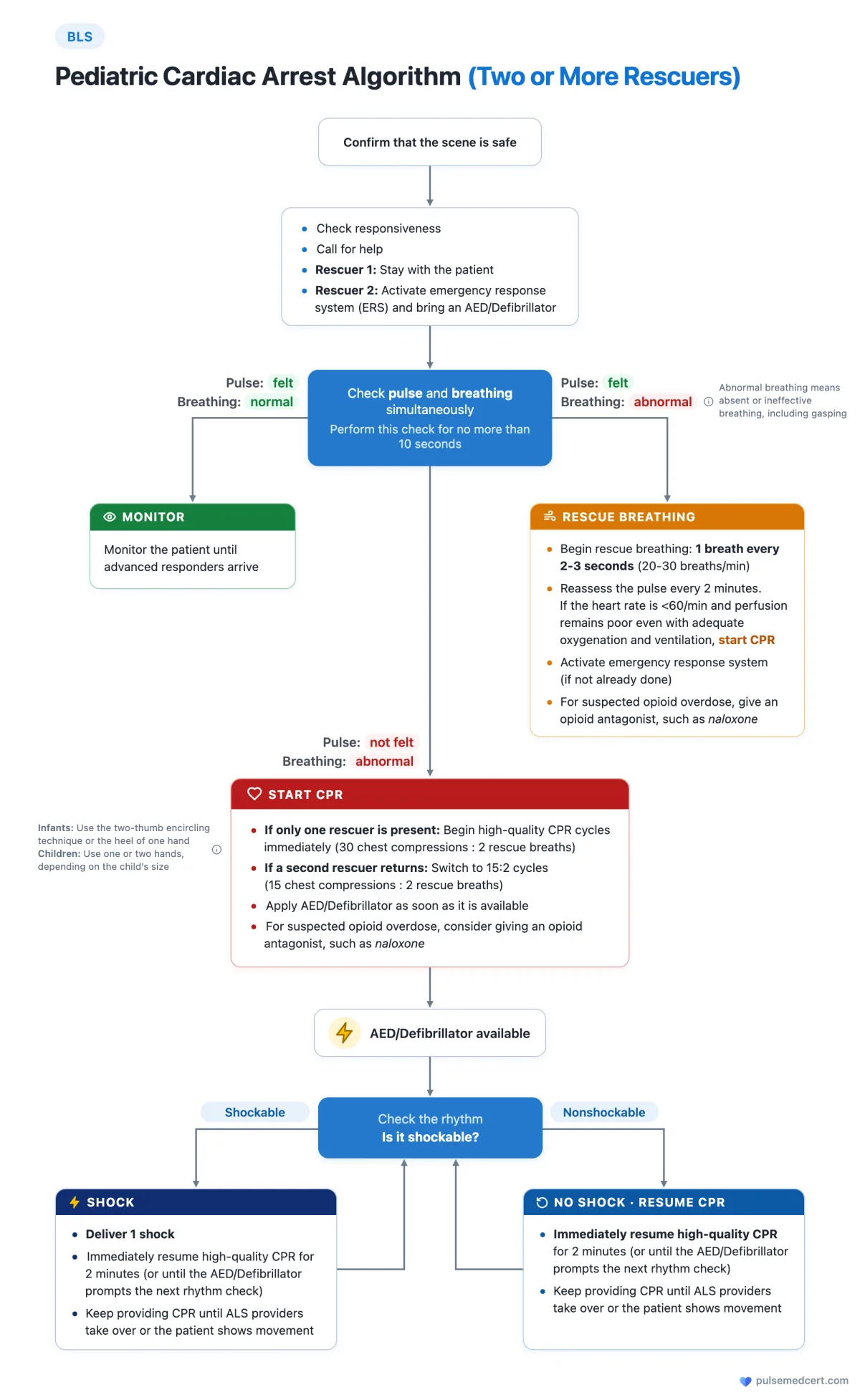 BLS Pediatric Cardiac Arrest Algorithm (Two or More Rescuers) flowchart